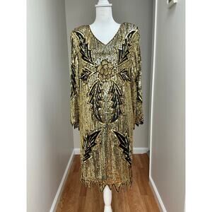 Vintage Nandans Silk Beaded Gold Retro Dress
